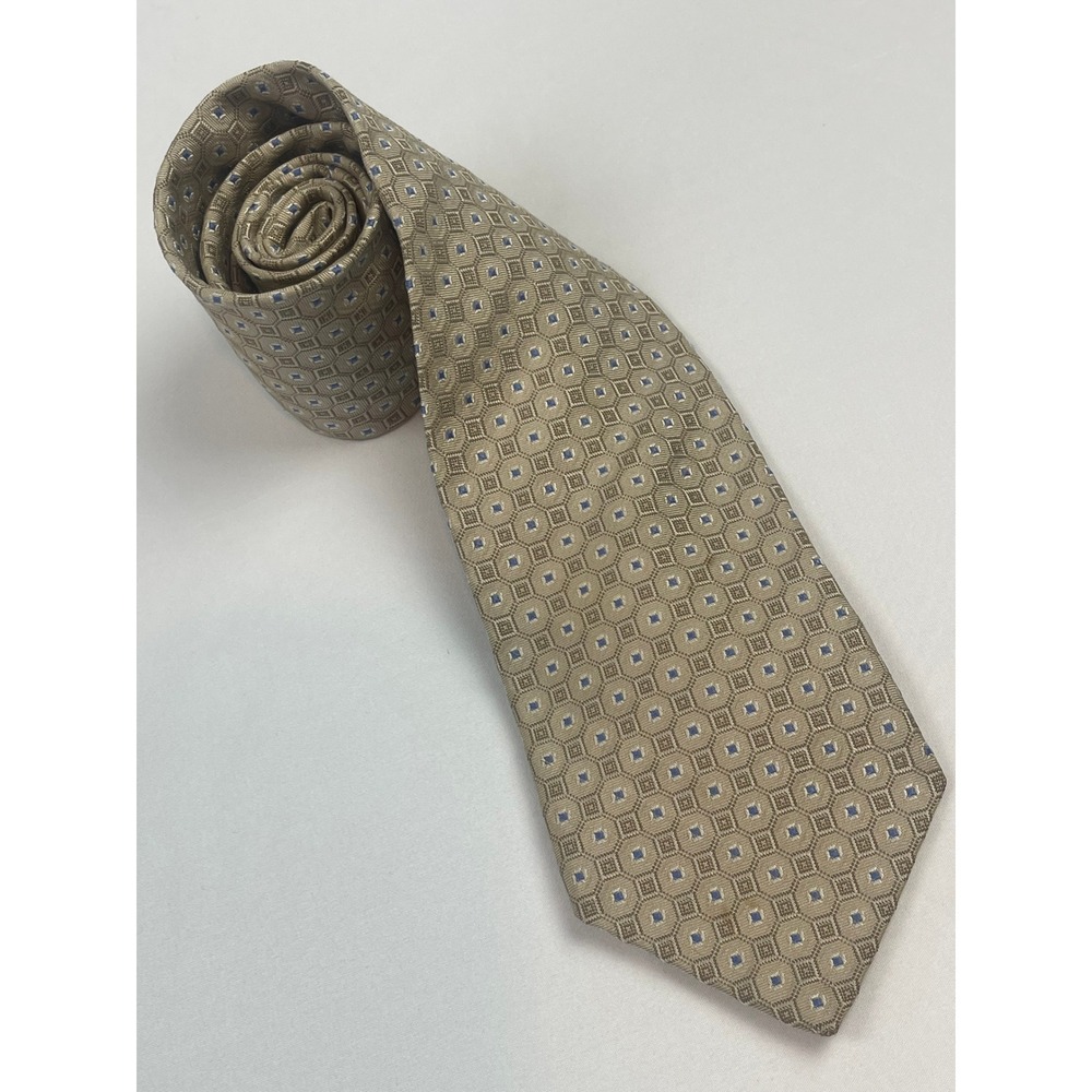 Nautica Mens Silk Necktie Tan Blue Geometric Medallion Classic Silk Tie